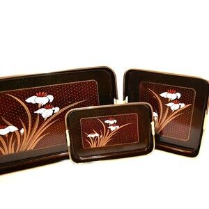 Vintage Trays Black Lacquerware Floral with Starburst 1970s